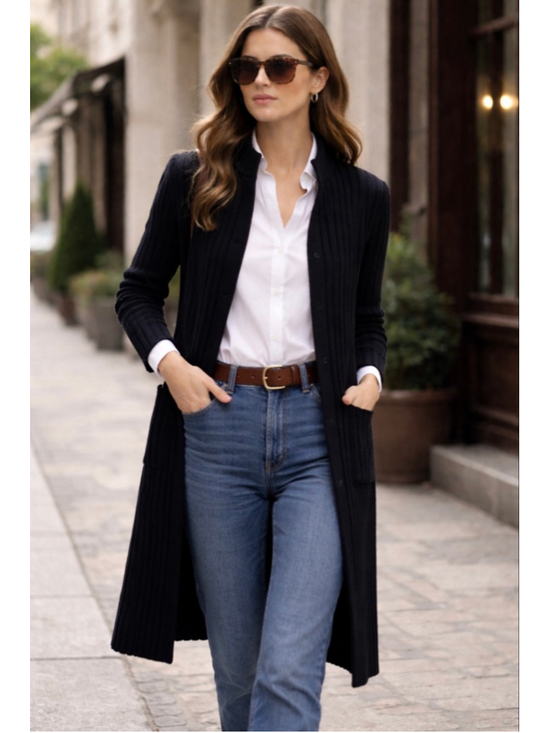 Ralph Lauren Sweaters - VTG Ralph Lauren Black Ribbed Knit Long Cardigan M Chunky Old Money Minimalist